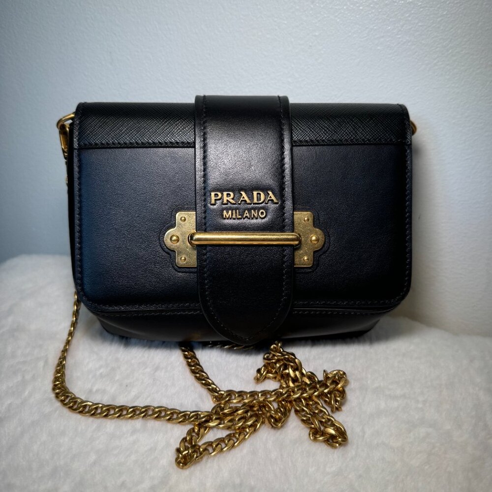 Prada Black City Cahier Belt Bag W/ Adjustable Black Leather Belt, Aged Brass
